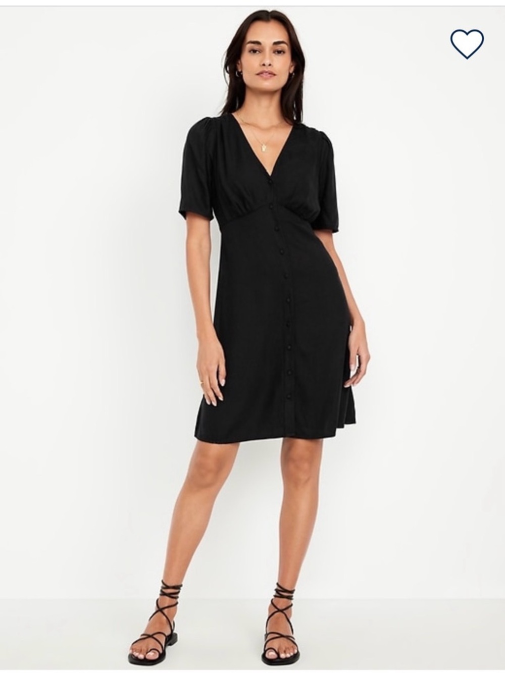 Button-Down Black Crepe Mini Dress with V-Neck